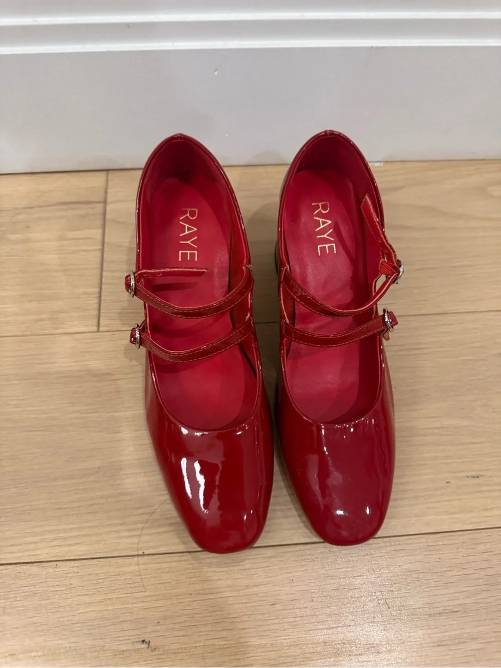 RAYE Cherry Red Patent Double-Strap Mary Jane Heels